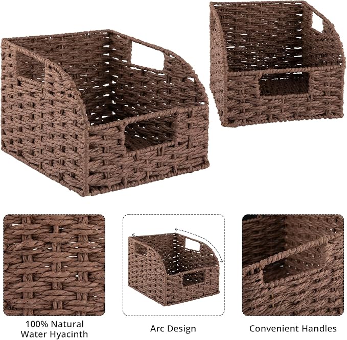 OIAHOMY Pantry Baskets for Organizing, Paper Rope Baskets with Built-in Handles, Wicker Storage Bins for Shelves, 2 Pack-Brown