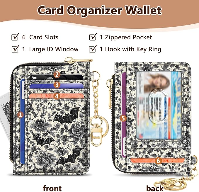 GIANCOMICS Slim Wallet Credit Card Holder Women, Goth Bat Rfid Blocking Small Card Case, Keychain Thin Pocket Curved Zipper Wallet, Travel Card Holder PU Leather ID Window, Ladies Female Gifts