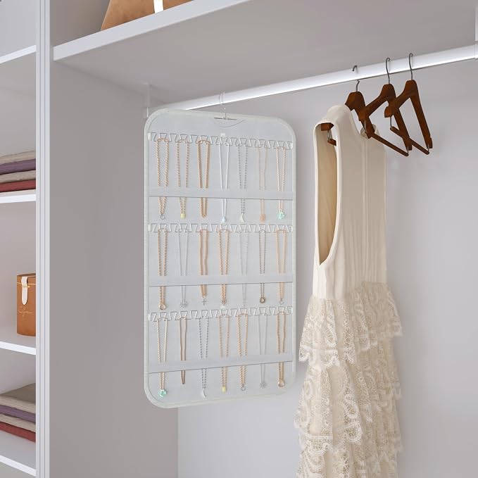 Double-Sided Hanging Jewelry Organizer for Necklaces Earrings, 2-Pack White | Foldable 36 hooks & 40 clear pockets; swivel hook fits walls, doors & rods for earrings, bracelets, rings & small jewelry