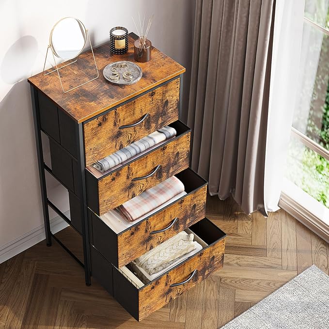 ODK Small Dresser for Bedroom with 4 Storage Drawers, Vintage | Dresser Chest of Fabric Drawers with Sturdy Steel Frame for Small Space, Wood Top