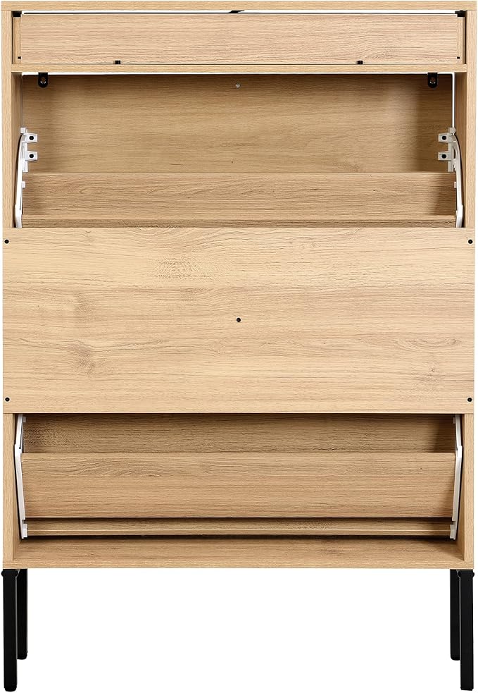 XIAO WEI Shoe Cabinet, Natural Semi Circle Rattan Shoe Storage Organizer Cabinet with 2 Flip Drawers, Freestanding Shoe Rack with Adjustable Shelf for Entryway (Large Size)