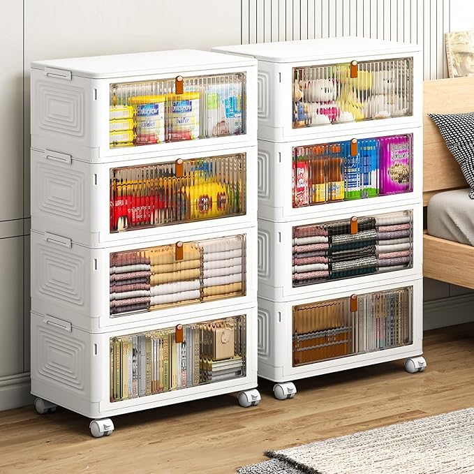 4 Tier Plastic Storage Bins with Lids 35QT, Stackable Storage Containers with Wheels, Folding Storage Boxes, Collapsible Storage Bins
