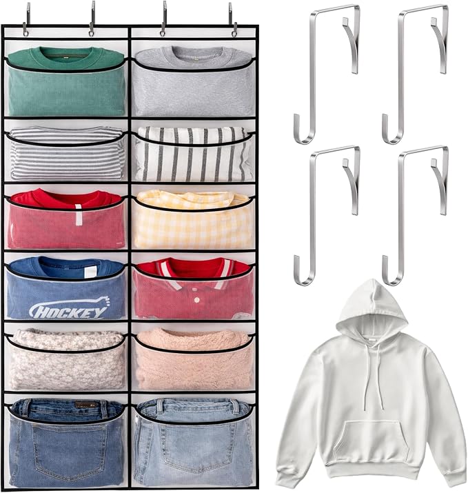 Yookeer Over The Door Hoodie Organizer 12 Large Breathable Mesh Sweatshirt Organizer with 4 Hooks Hanging Pockets Behind Door Holder for Home Dorm Rooms Bedroom Small Spaces Closets Clothing Sundries
