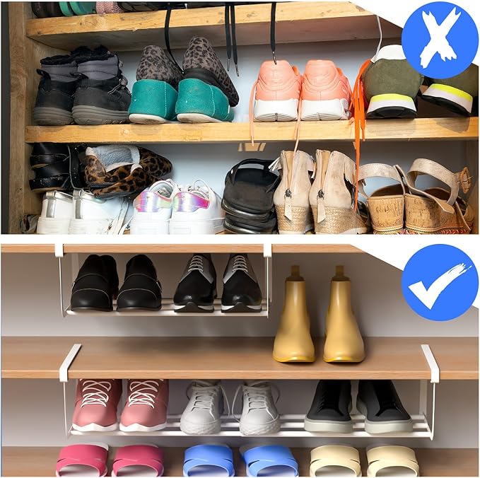 CroBlissful 4 Pcs Expandable Shoe Rack Organizer for Closet 16.5-31.5 Inch Adjustable Retractable Hanging Cabinet Shoe Shelf Dorm Room Storage for Space Saving (White)