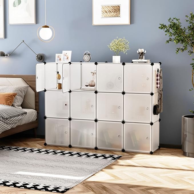 C&AHOME Cube Storage Organizer with Doors, 12-Cube Shelves, Closet Cabinet, DIY Plastic Modular Bookshelf Ideal for Bedroom, Living Room, 36.6”L x 12.4”W x 48.4”H Transparent White USHS3012W-DOOR