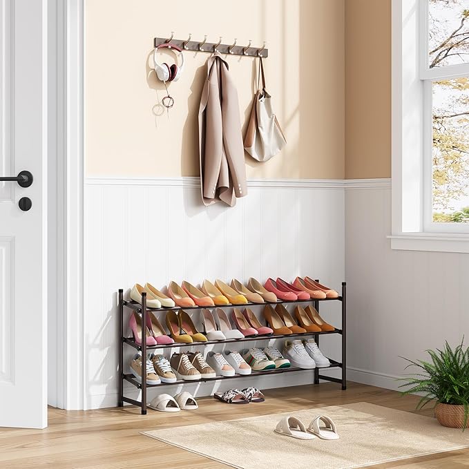 Tajsoon Expandable Shoe Rack for Closet 3 Tier, 28“-41“Stackable, Bronze | Adjustable Shoe Organizer Closet Shoe Rack Floor, Metal Long Shoe Shelf Storage for Entryway, Garage, Front Door Entrance