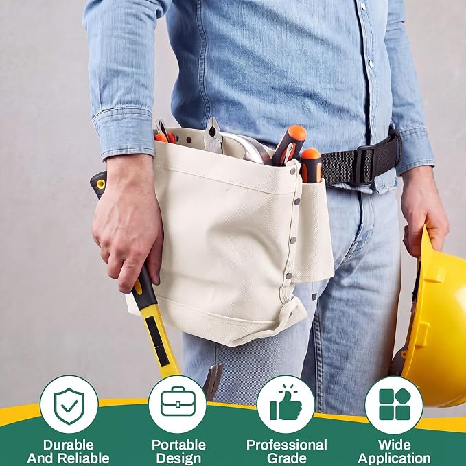 2 Pcs Tool Pouches 5" x 10" x 9", Small Tool Bags Tunnel Connection Utility Pouches for Nuts & Bolts, Double Reinforced Bottom with Belt Strap Connect & Bull Pin Loops for Outdoor Work