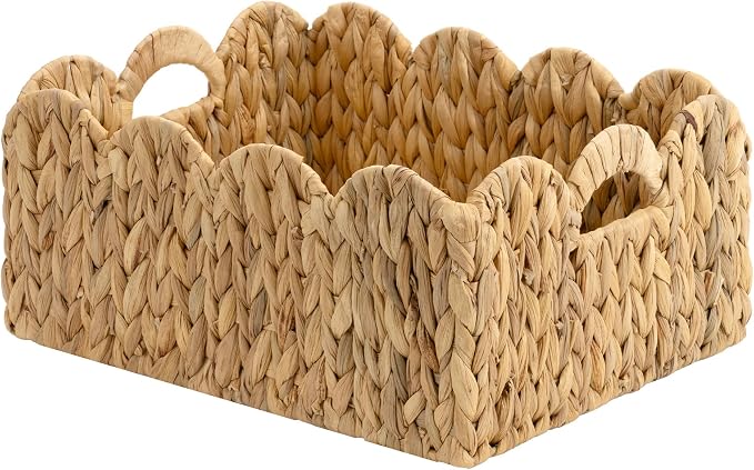 StorageWorks Scalloped Water Hyacinth Baskets, Hand-woven Rattan Baskets with Built-in Handles, Cute Baby Basket for Nursery, Basket for Organizing and Decor, 16½"L x 13"W x 7½"H