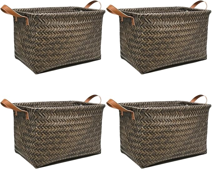 GIB Wicker Woven Storage Baskets for Organizing Blankets Laundry Shelves | Clothes Hamper, Large Closet Storage Bins Organizer, Living Room Toys Shoes Organization, Plastic Rattan, Espresso, 4 Pack