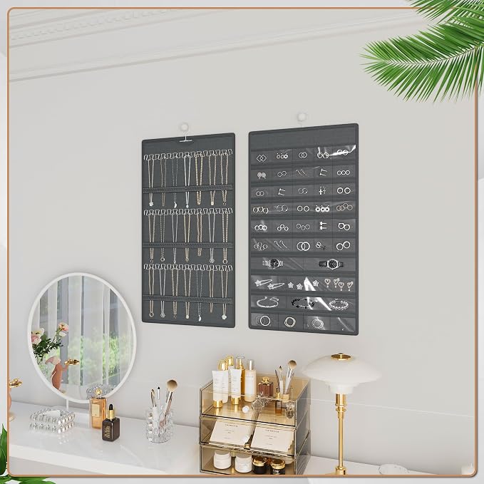 Hanging Jewelry Organizer, Double-Sided Necklaces Holder, Dark Gray | 42 clear pockets organize rings & earrings; 36 wire necklace hooks reduce tangles; top hook hangs in closets, walls or doors.
