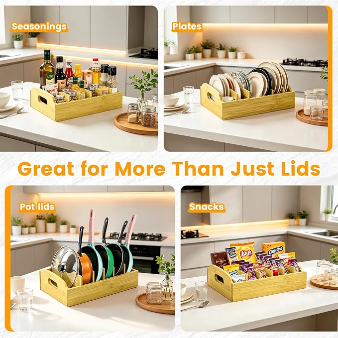 Artcochan Bamboo Lid Organizer, 13.2" x 10"Food Storage Container Lid Holder with 5 Adjustable Dividers, Kitchen Storge and Organization Rack for Cabinet Drawer and Countertop