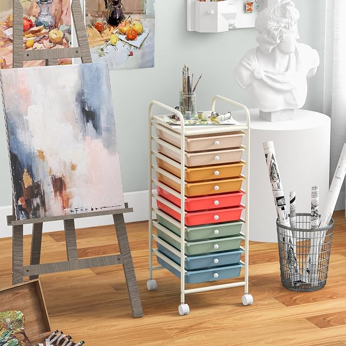 DREAMADE Rolling Cart With Storage Drawers, Utility Cart With Removable Plastic Drawers, Lockable Wheels for Classroom Organization, Art Supplies, Office, Scrapbook (10 Drawers, Macaron)