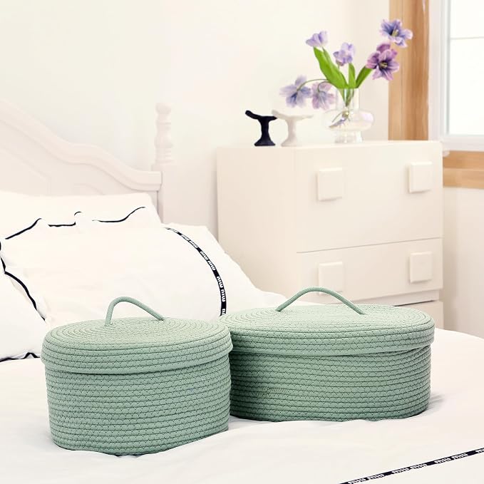 Sea Team Oval Cotton Rope Storage Basket with Lid, Lidded Woven Storage Bin, Nursery Storage Container, Diaper Caddy, Baby Shower Basket, Box, Organizer, 15 x 11 x 6.5 Inches (Medium, Green)