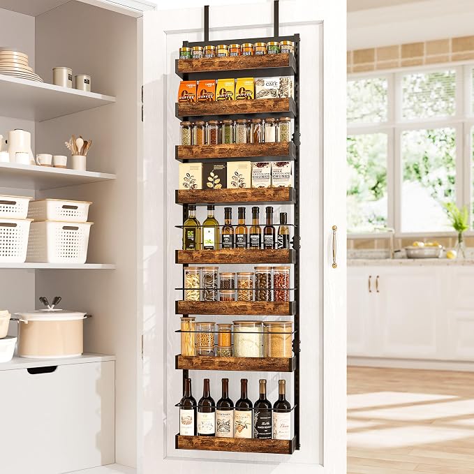 8-Tier Black Metal Back of Door Organizer and Storage for Kitchen Home | Over-Door Pantry Organizer Spice Rack Back of Door Organizer and Storage with Anti-drop Rod & Adjustable Basket