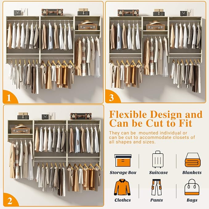 Unikito 36” - 96” Closet Systems, 8FT Walk in Closet Organizer Starter Kit with 5 Hanging Rod and 3 Shelves, Heavy Duty Reversible Wood Clothing Rack, Cut Be Cut to Fit, Max Load 1200 LBS, White Oak