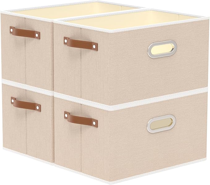 Yawinhe Foldable Storage Baskets for Shelves,16.9x11.8x10.2in,Beige,4-Pack | Collapsible Storage Bins for Towels, Container with Leather Handle for Organization, Fabric Rectangle Boxes for Home