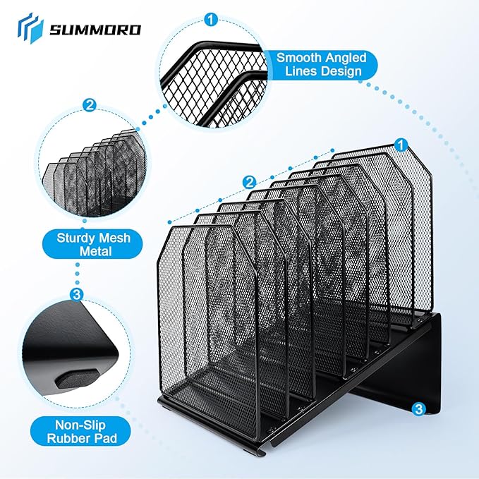 SUMMORO Inclined File Organizer for Desk, 7-Section Vertical File Folder Holder Office Desk Organizer Metal Rack File Wire Mesh Desktop Document Sorter for Office School Classroom Home (Black)