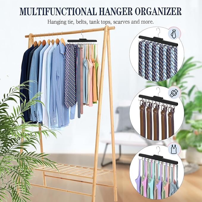 2PC Tie Rack Hanger for Closet,Upgraded Tie Holder Organizer for Men, Black | Non Slip Neck Tie Organizer with 20 Foldable Hooks, Belt Hanger Space Saving, Fits for Tank Tops Bras Cami Scarves