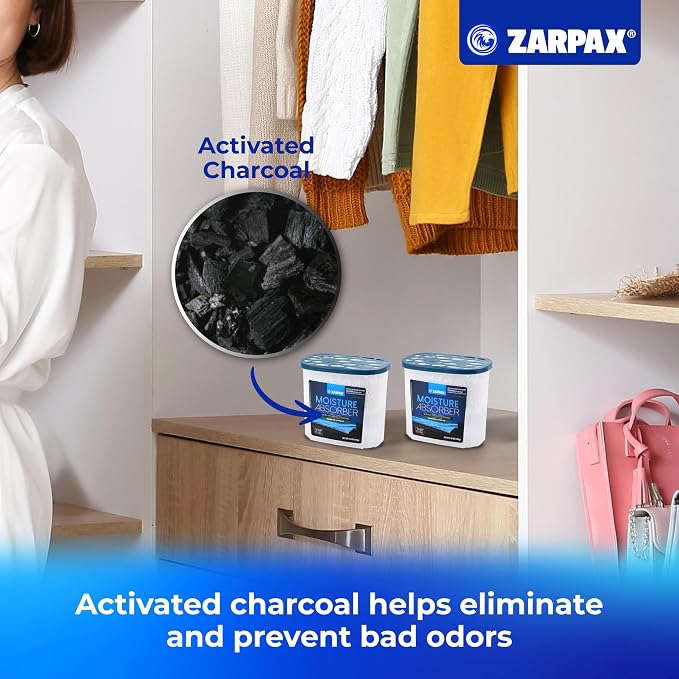 ZARPAX Moisture Absorber Activated Charcoal 18 oz/510g | Removes Moisture, Damp, Humidity & Odors | Odor Absorber | Moisture Trap for Bathroom, Closet, Kitchen & Small Spaces | Set of 4