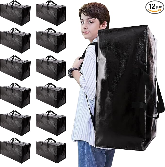 NATURELUX Heavy Duty Moving Bags with Backpack Straps and Strong Handles, Alternative to Moving Boxes and Storage Totes for Dorm Room Essentials, 12 Pack, Black