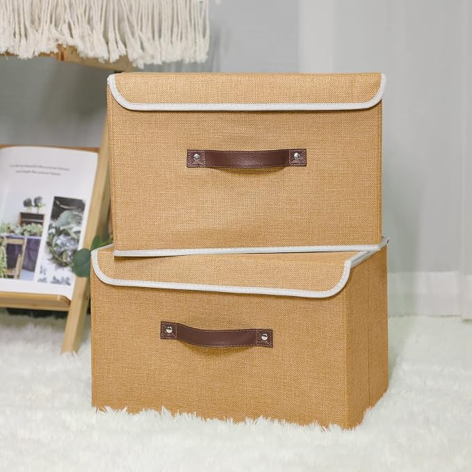 ANMINY 4PCS Storage Bins with Lid PU Leather Handles Storage Boxes PP Plastic Board Decorative Foldable Lidded Cotton Linen Fabric Home Cubes Baskets Closet Organizer Containers - Khaki, Large Size