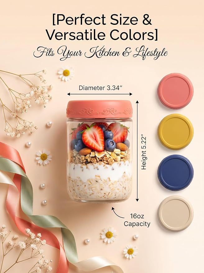 16oz 12-Pack Glass Overnight Oats Jars Containers with Airtight Leakproof Lids, Reusable Mason Jars for Meal Prep, Yogurt Parfaits, Smoothies, Salads & Healthy Breakfasts (D-16oz 12-Pack)