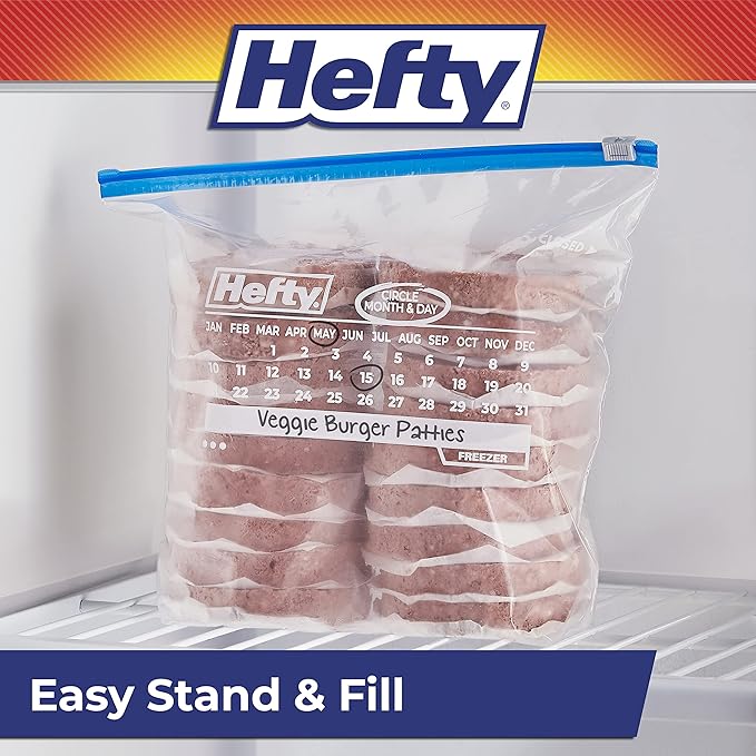 Hefty Calendar Slider Gallon Freezer Bags, 25 Count (Pack of 4), Gallon Slider Bags for Freezer with Calendar Dates, Holds Raw Meat, Soups, Fruits and Veggies, and More, Secure Zip and Click Closure