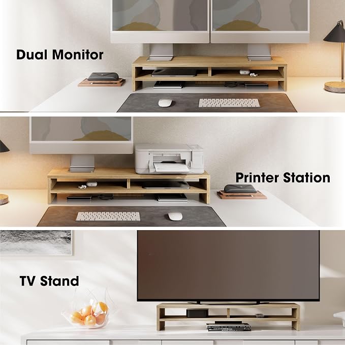 Fenge 31.5 Inch Dual Monitor Stand Riser for Desk, Oak | Wooden Desk Shelf, 2-Tier Open Storage Compartment, for PC Laptop Screen Printer, Home Office Desktop Organizer