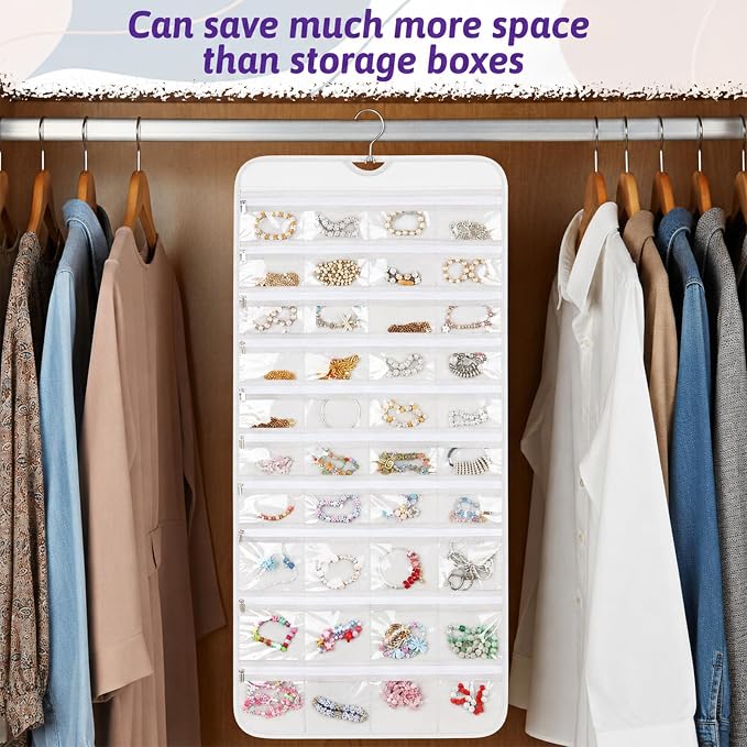 2 Pack Hanging Jewelry Organizer with 80 Zippered Pockets (White) | Dual-Sided Dustproof Foldable for Travel, Accessories Organizer for Holding Jewelries, Earring Organizers and Storage