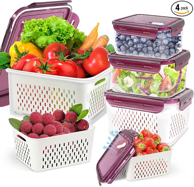 4Pack Fruit Storage Container for Fridge with Colander and Vent - Purple | 8 Pieces BPA Free Kitchen Refrigerator Organizers Plastic Fruit Containers for Fridge for Fruit Berry Salad Lettuce