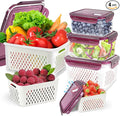 4Pack Fruit Storage Container for Fridge with Colander and Vent - Purple | 8 Pieces BPA Free Kitchen Refrigerator Organizers Plastic Fruit Containers for Fridge for Fruit Berry Salad Lettuce