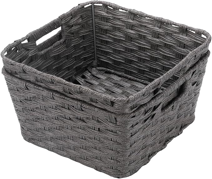 2-Pack Plastic Wicker Storage Baskets for Bathroom, 12"x12"x6", Dark Grey | Versatile woven storage bins for shelves, toilet paper, closet, and home organizing – stackable, durable.