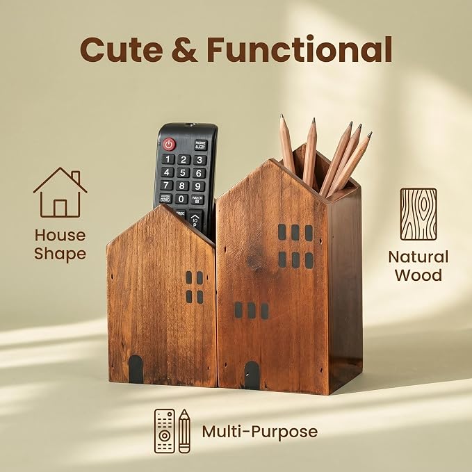 DAWASAPAT Wooden House Remote Control Holder/Remote Caddy & Desktop Organizer for TV Remotes, Stationery, Pencils, and Glasses set of 2
