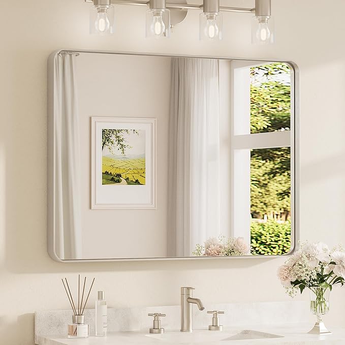 TETOTE Brushed Nickel Mirror 40 x 30 Inch for Bathroom Over Sink Metal Framed Mirror Modern Farmhouse for Living Room Entryway(Horizontal/Vertical)