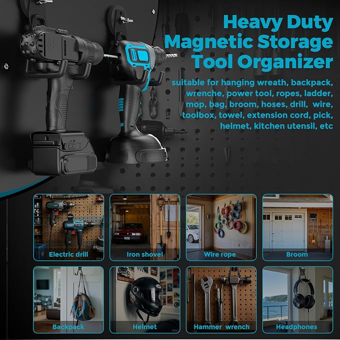 8Pcs Large Magnetic Hooks Heavy Duty, Strong Magnet Storage Hooks | Industrial Neodymium Magnet, Big Magnetic Utility Holder for Hanging Power Drill Garden Tools Garage Pegboard Workshop Broom