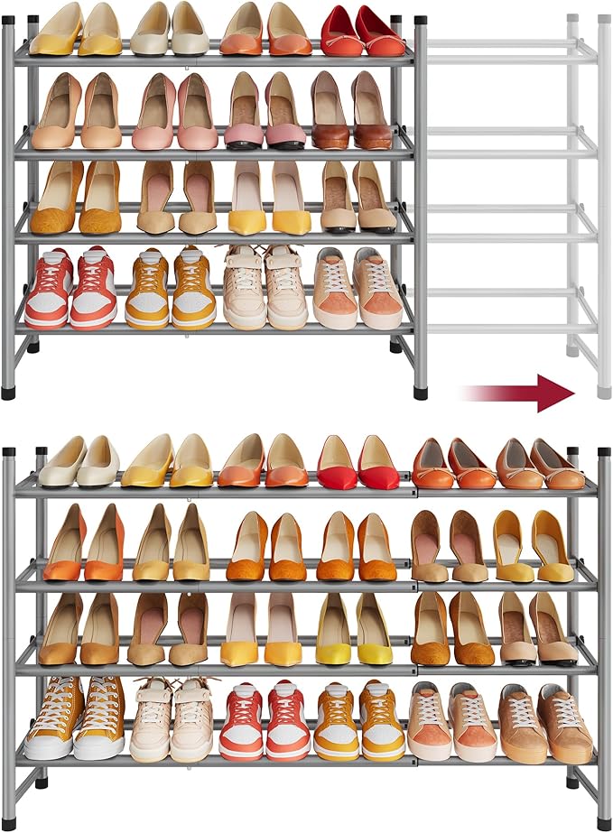 Tajsoon Expandable Shoe Rack for Closet 4 Tier, 28“-41“Stackable, Grey | Adjustable Shoe Organizer Closet Shoe Rack Floor, Metal Shoe Shelf Storage for Entryway, Closet, Garage, Front Door Entrance