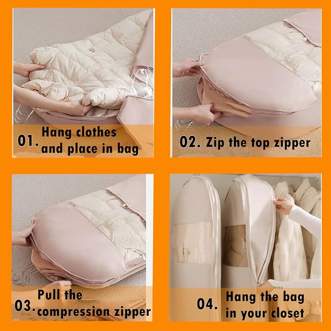 Space Saving Hanging Garment Bag with Self Compression Zipper, Suit Cover Bags, Heavy Duty Jackets & Parkas Storage, Dust Cover, Closet Organizer for Storage (Pink,XL)