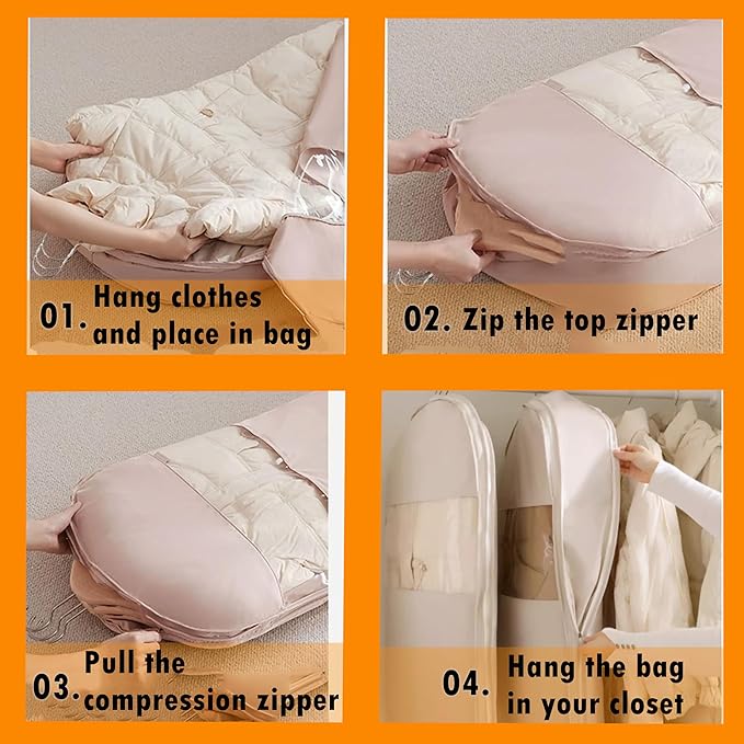 Space Saving Hanging Garment Bag with Self Compression Zipper, Suit Cover Bags, Heavy Duty Jackets & Parkas Storage, Dust Cover, Closet Organizer for Storage (Gray,XL)
