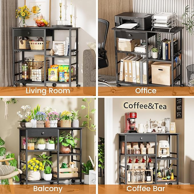 Microwave Cart, Microwave Stand with Wheels & Adjustable Shelf | Coffee Bar Table Station, 6-Tier Rolling Storage Cart Organizer Shelf for Living Room, Kitchen Island, Office, Black