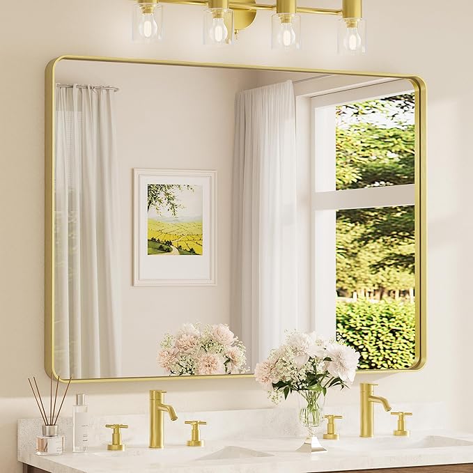 TETOTE 48 x 36 Inch Gold Bathroom Mirror, Champagne Gold Brushed Metal Framed Modern Vanity Mirror, Brushed Brass Rectangle Decorative Wall Mirrors Shatterproof (Horizontal/Vertical)