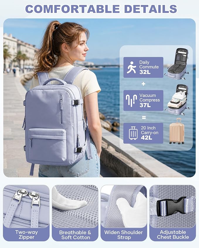 WONHOX Vacuum Seal Backpack for Travel with Air Pump 18x14x8 inches Vacpack Carry on Flight Approved Compression Daypack Laptop Space Saver Bag Storage with Vacuum System Travel Bag Women TaroPurple