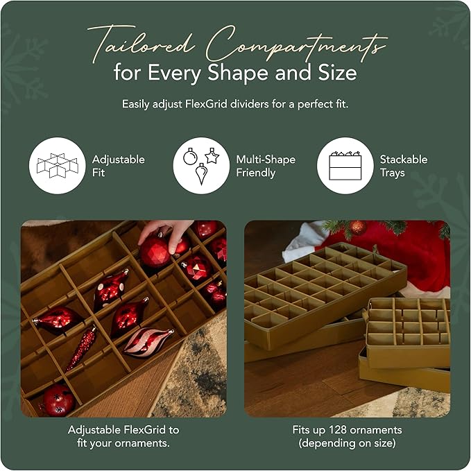 Covermates Keepsakes Adjustable Ornament Storage Box – Heavy-Duty Polyester, Padded Dividers & FlexGrid Trays – Protective Holiday Organizer with Stackable Walls & Label Window, Green