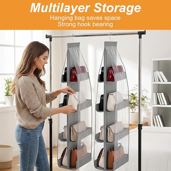 4 Pack 8 Pockets Handbag Hanging Purse Organizer for Closet, Purse Storage, Womens Purses Hanger and Handbag Organizer for Space Hanging Shelf for Closet, Wardrobe, Over Door (Grey)