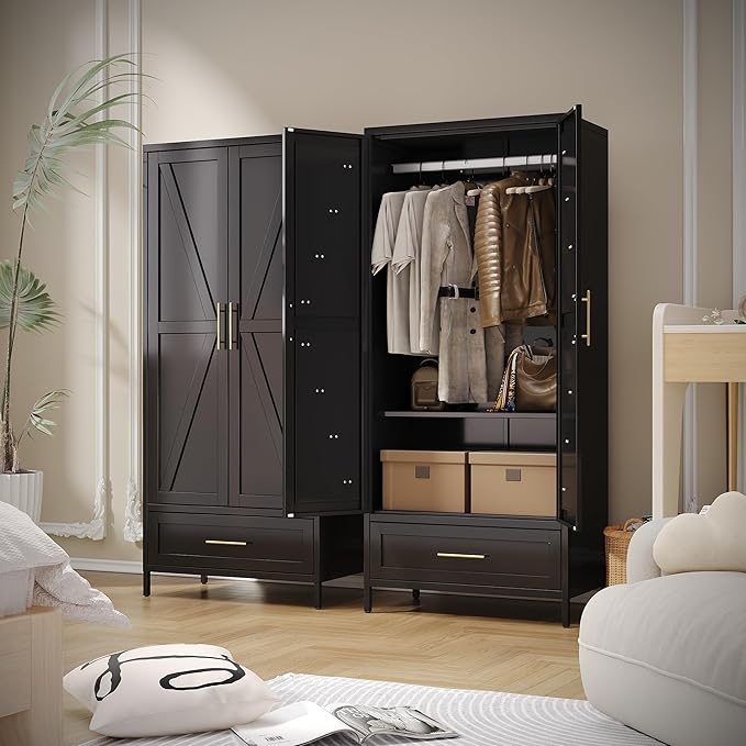 METAN Metal Wardrobe Closet with Doors,Armoire Wardrobe Closet with 1 Drawer for Bedroom,Assembly Required,Black