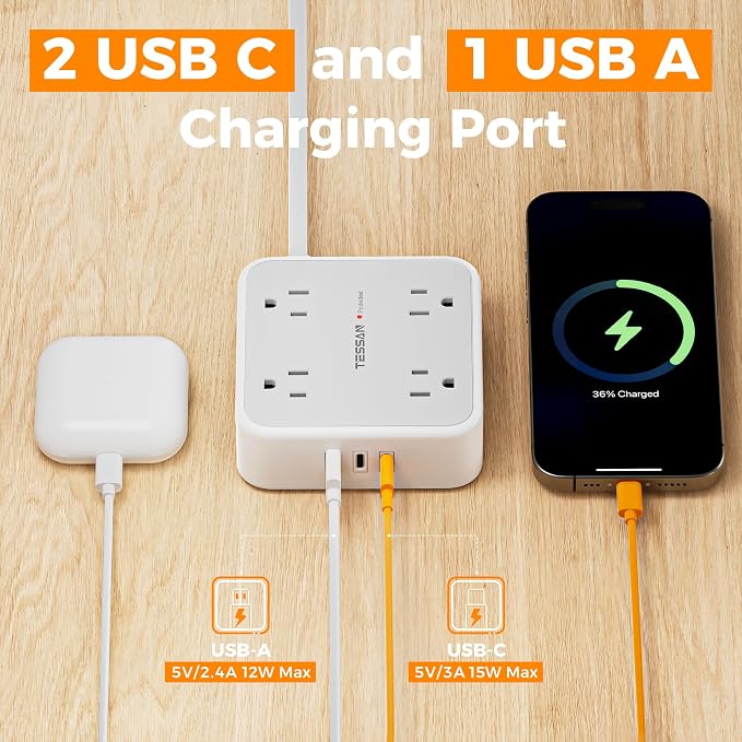 TESSAN Surge Protector Power Strip, 5 Ft Flat Plug Extension Cord with 3 USB (2 USB C) 8 Outlets, 900J Protection, 3 Sided Outlet Extender with Power Switch for Office, Dorm Room, Grey