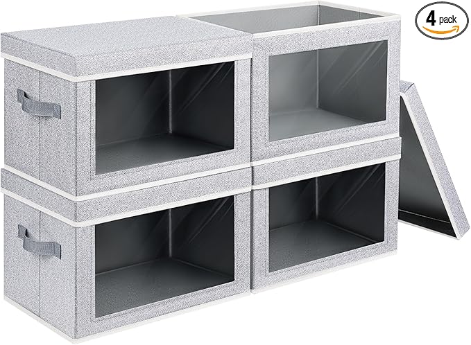 Homsorout Foldable Storage Bin with Lid - Closet Storage Organizer with Window, Storage Bins with Lids for Clothes, Fabric Storage Baskets for Shelves, Bedroom, Dorm, Light Grey, 4 Pack