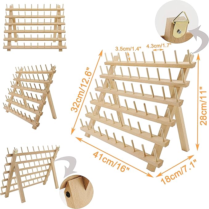 New brothread 60 Spools + 12 Spools Wooden Thread Rack/Thread Holder Organizer with Hanging Hooks for Embroidery Quilting and Sewing Threads - Mother + Baby Thread Rack