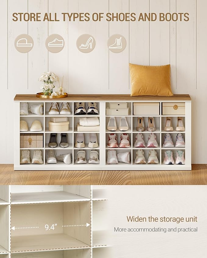 Hzuaneri Shoe Storage Bench, Wooden Entryway Shoe Benches with Cubby | Widened Wooden Farmhouse Shoe Bench with Compartments, Shoe Rack Benches for Cloakroom, Living Room, Antique White SB52514B