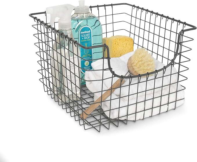 Spectrum Wire Scoop Basket Storage Bin Industrial Gray Nesting Metal Baskets Pack of 2 for Kitchen Pantry Closet Bathroom Garage Organization, Heavy Duty Wire Basket Organizer for Storage Decor