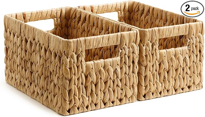 StorageWorks Wicker Basket, Baskets for Organizing, Storage Basket with Built-in Handles, Water Hyacinth Shelves (Medium 2-Pack, Natural Hyacinth)